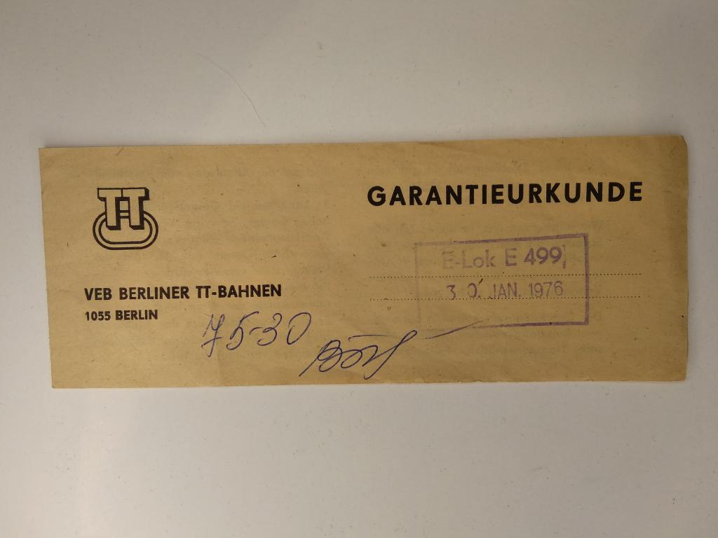 12мм (TT) Гарантийный талон Berliner-TT-Bahnen от электровоза E499