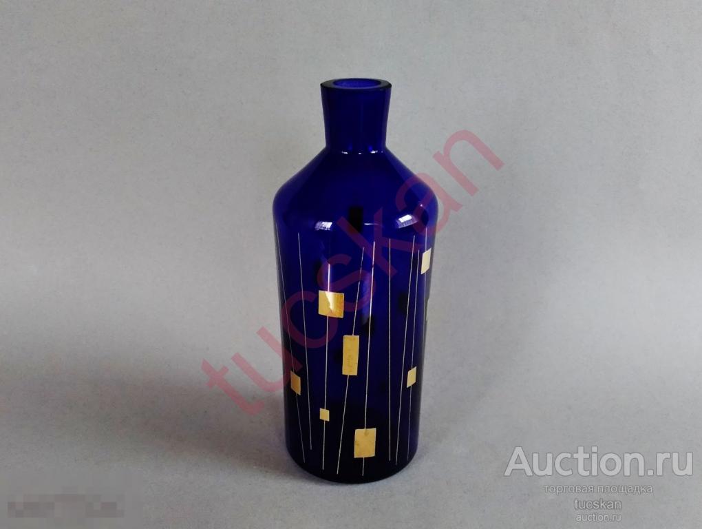 Графин штоф кобальтовое цветное стекло позолота без крышки 18 см 