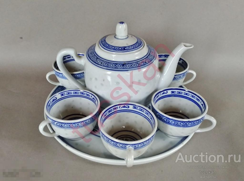 Поднос, чайник, 5 чашек с драконами старый Китай рисовый фарфор 