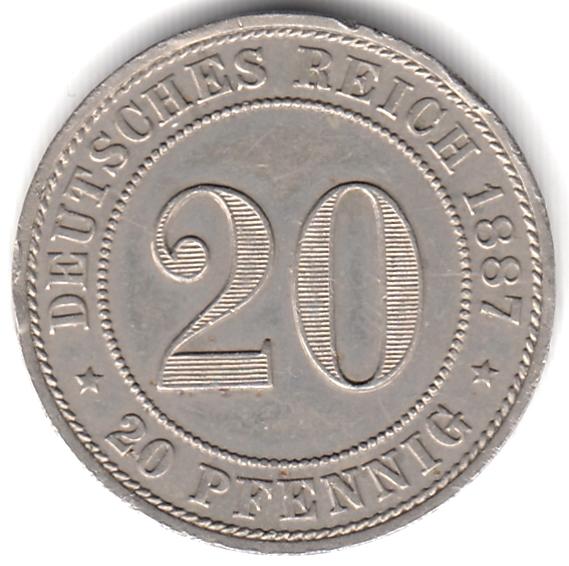Германия 20 пфеннигов 1887 A - Никель, Редкая, Отличная AUNC