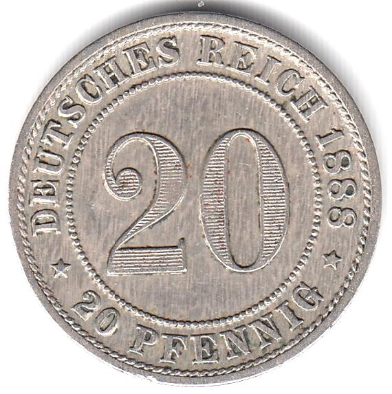 Германия 20 пфеннигов 1888 F - Никель, Редкая, Отличная XF+