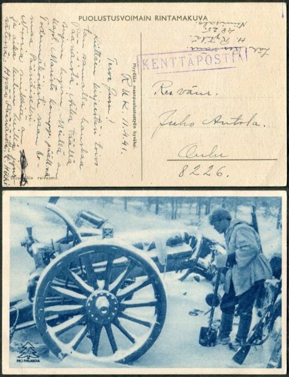 Финляндия 1941 ВМВ Карелия полевая почта открытка (солдат рассматривает советскую трофейную пушку)