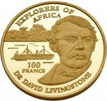 Демократическая Республика Конго. 100 франков 1999 г. Золото 31.5гр*0.999 1.012 oz.  ЛИВИНГСТОН!