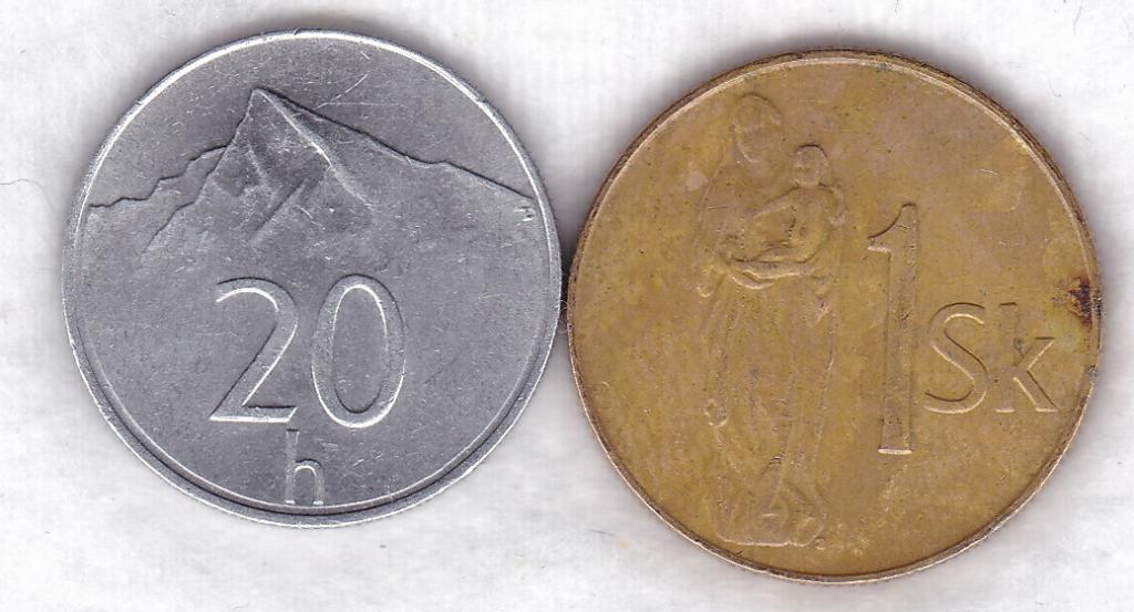 Словакия 20 геллеров 1999, 1 крона 1993 набор 2 монеты