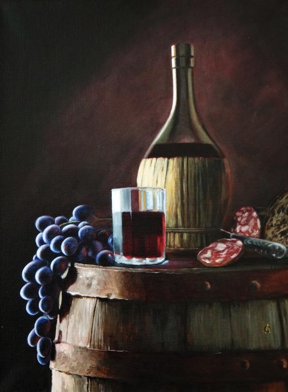 Натюрморт "Вино и закуска", х.м., 30х40 см.