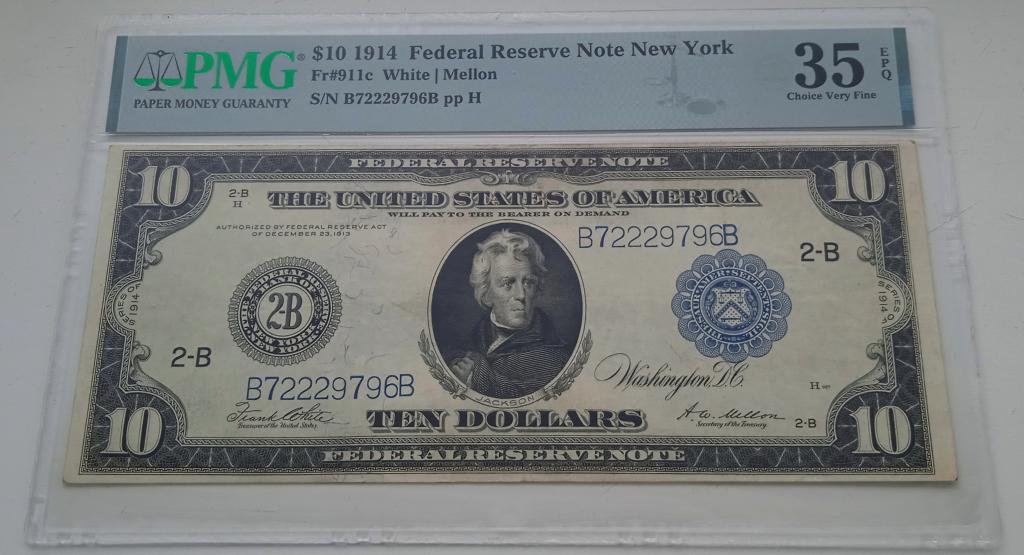 Банкнота 10 долларов США 1914 года New York PMG 35 EPQ