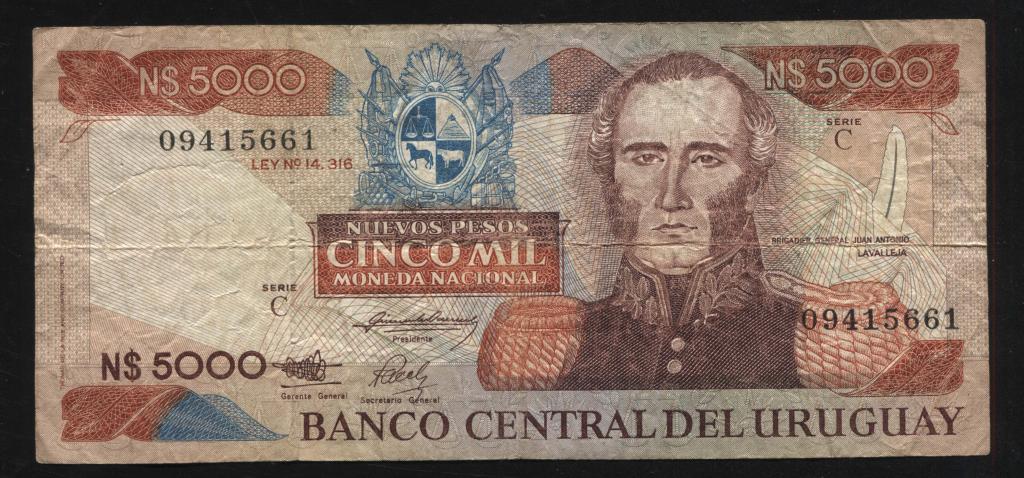 Уругвай 5000 песо 1987 661 серия C номер 8 цифр