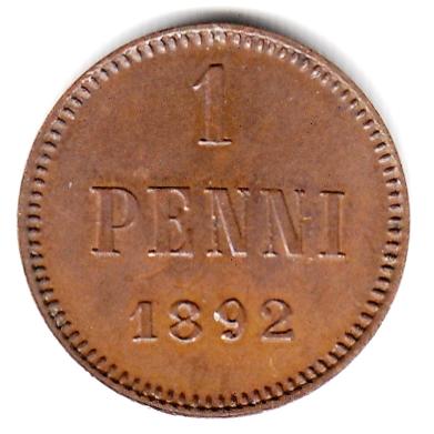Русская Финляндия 1 пенни 1892 - Редкая, Оригинал, Отличная UNC, Кабинетная