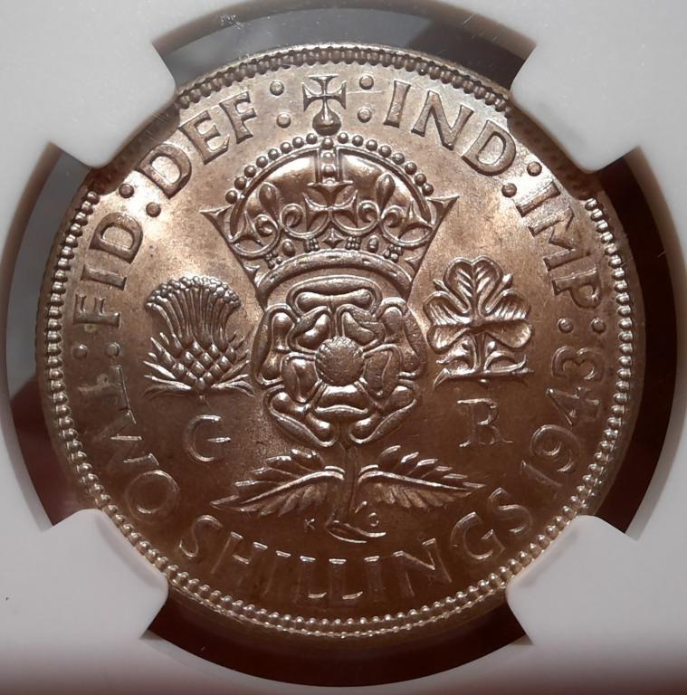 2 шиллинга 1943 Великобритания, слаб NGC MS63