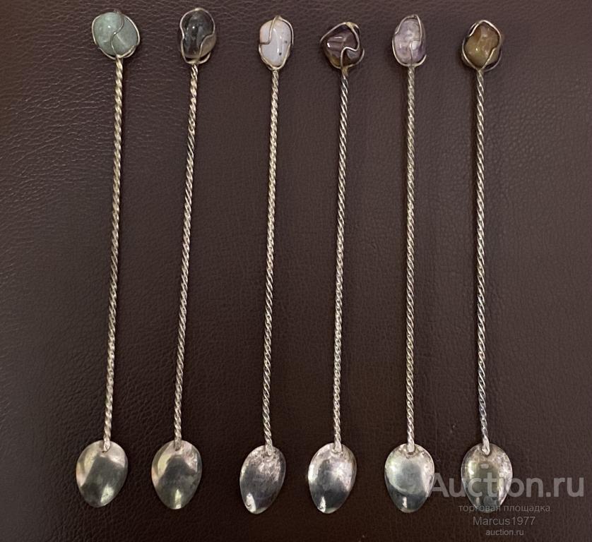 Набор коктейльных ложек с полудрагоценными камнями. Серебрение. Винтаж