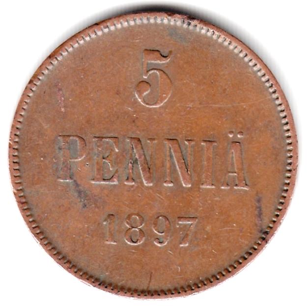 Русская Финляндия - 5 пенни 1897 - Нечастая, Оригинал, Неплохой Сохран VF+