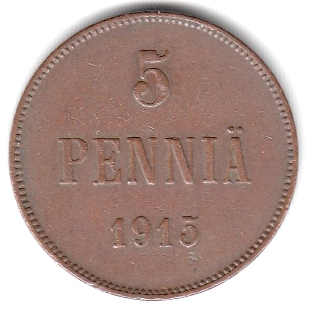 Русская Финляндия - 5 пенни 1915 - Нечастая, Оригинал, Неплохой Сохран XF+