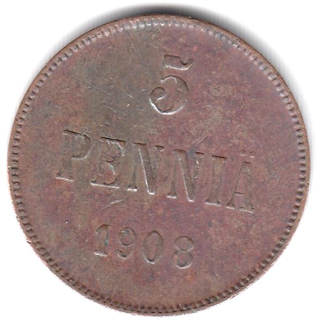 Русская Финляндия - 5 пенни 1908 - Нечастая, Оригинал, Неплохой Сохран VF+