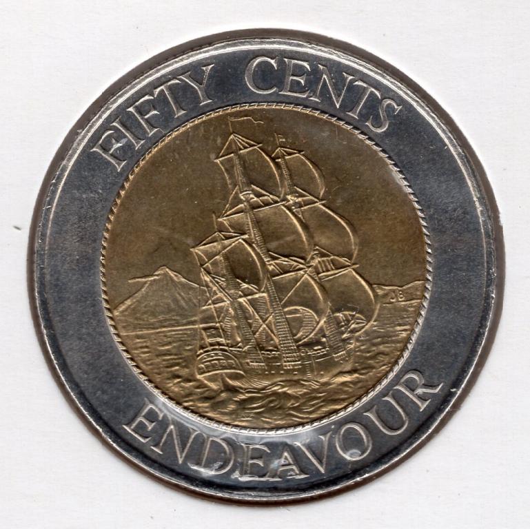 50 центов - Новая Зеландия - 1994 - Парусник - HMS Endeavour - Елизавета II - биметалл - KM#90