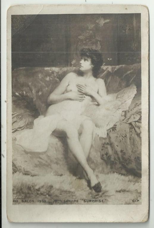АНТИКВАРНАЯ открытка.живопись. САЛОН 1905г. ЛАНДРЕ.  ДЕВУШКА НА ДИВАНЕ!!!. эротика.ню. супер
