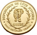 Кот д'Ивуар. 100 франков КФА 1966 г. Золото. 32,0 гр*0.900 0.9259 oz