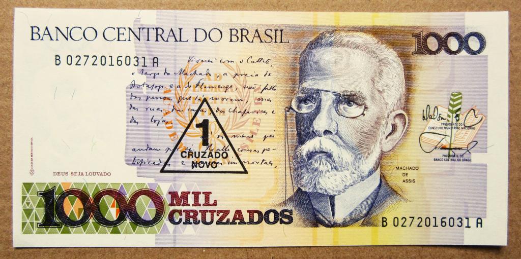 Бразилия 1989 г. 1000 крузадо (1 новый крузадо) бaнкнота UNC