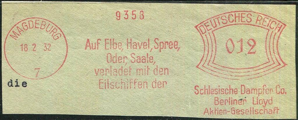 Германия 1932 франкотип Магдебург пароходная компания Schlesische Dampfer Co.- Berliner Lloyd AG