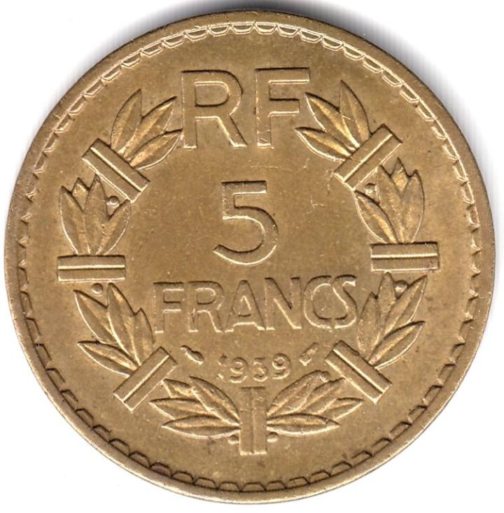 Франция - 5 франков 1939 - Для Алжира - РЕДКАЯ, UNC