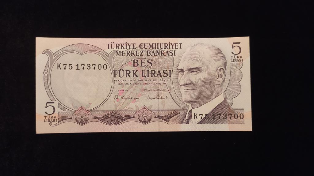 Банкнота Турция 5 лир 1970 года пресс UNC