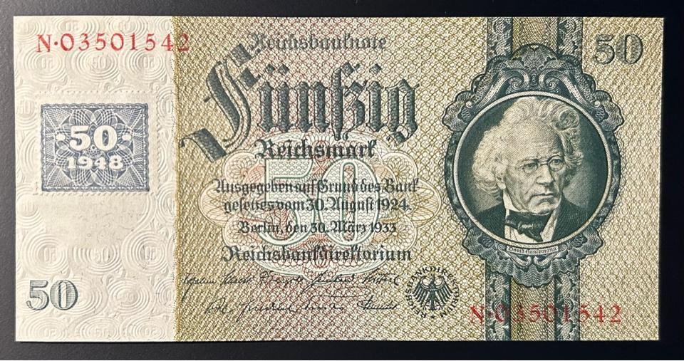Германия 50 марок 1948 год с маркой aUNC