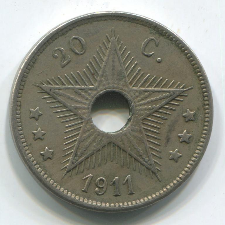 БЕЛЬГИЙСКОЕ КОНГО 20 САНТИМОВ 1911 VF