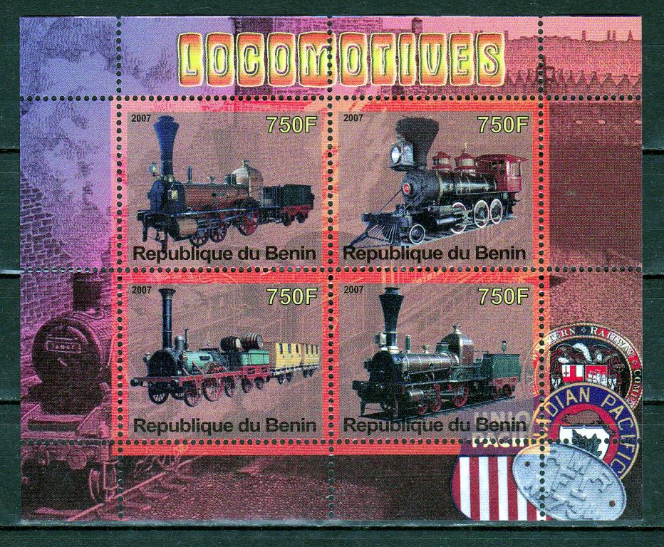 Марки Бенин 2007 г. Паровозы МЛ MNH ** Локомотивы Транспорт Железная дорога