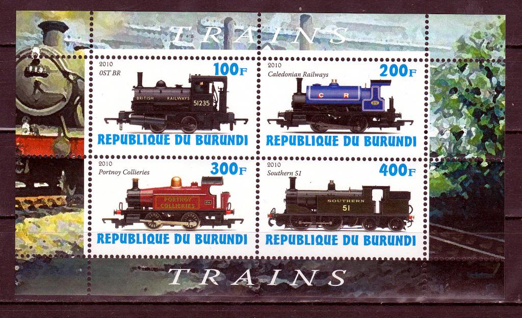 Марки Бурунди 2010 г. Паровозы МЛ MNH ** Локомотивы Транспорт Железная дорога