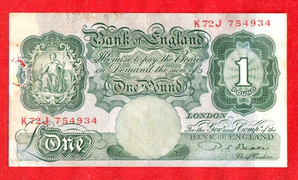 Великобритания (Англия), 1 фунт, 1948 - 1960, K72J 754934, подпись B.S.Beale