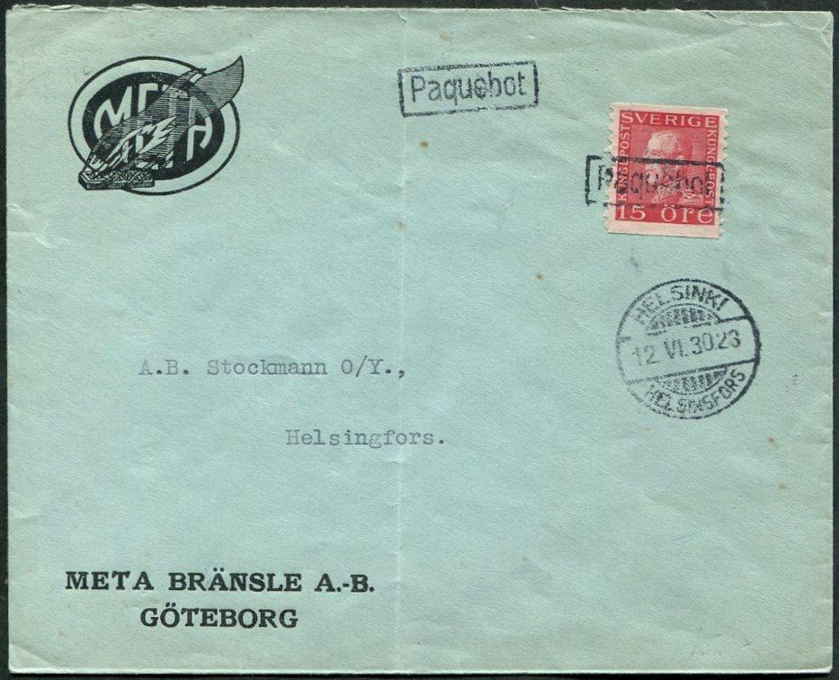 ПАРОХОДНАЯ ПОЧТА 1930 Швеция ⇒ Финляндия Хельсинки шт. прибытия Paquebot HELSINKI рекламный конверт