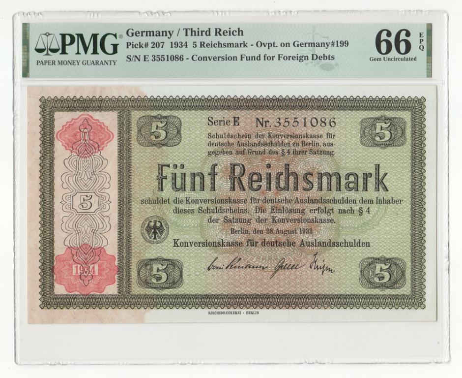 ГЕРМАНИЯ 5 марок 1934 P207 UNC PMG66