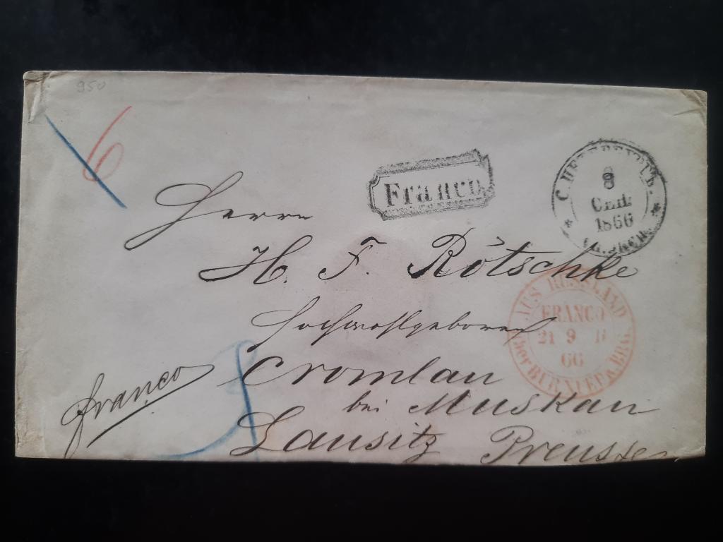 Отправление 1866 г. Из г. Санкт-Петербург во Францию. Сургуч.