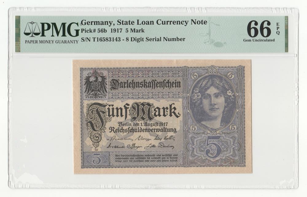 ГЕРМАНИЯ 5 марок 1917 P56b UNC PMG66 (8-значный номер)