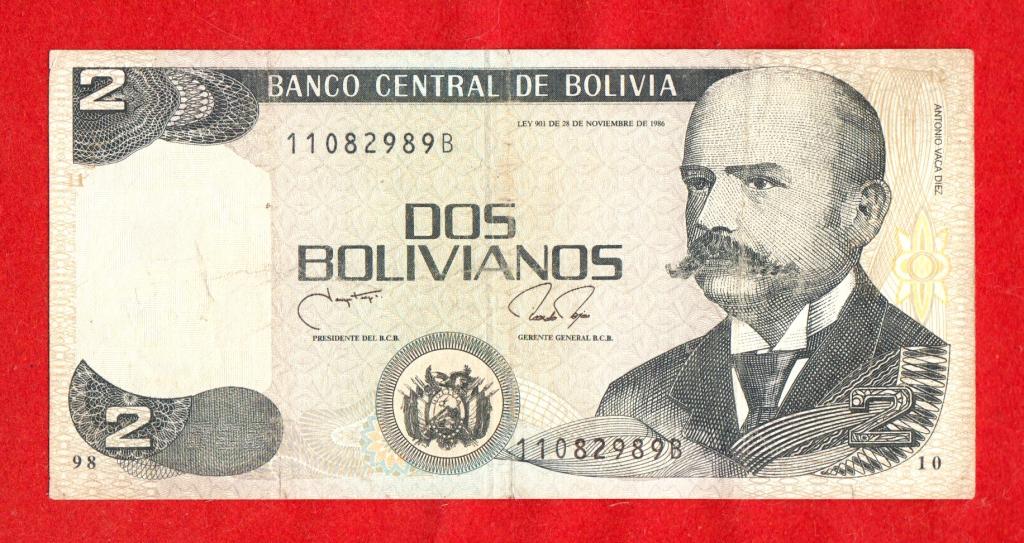 Боливия, 2 боливиано, 1986, 11082989 B – ВТОРАЯ ЛИТЕРА, подписи Trigo & Rojas