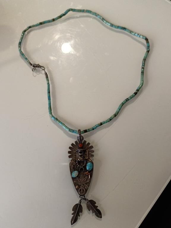 Ожерелье и подвеска.Хиппи 1960 годы. Серебро 925, золото, натуральные камни