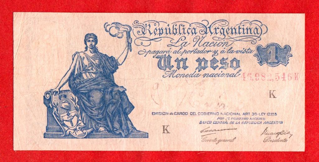 Аргентина, 1 песо, 1935, VF+, 46,982,546K, литера K,  Carreras & Maroglio