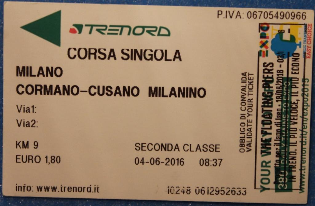 Билет на электропоезд Милан Кормано Италия ЖД Электричка Железная дорога.