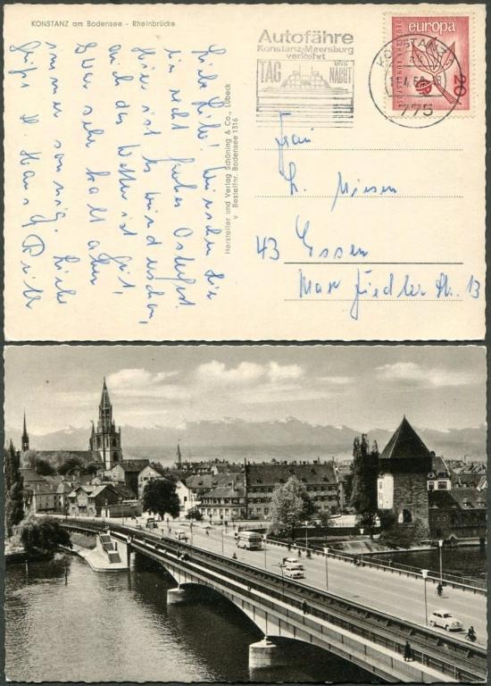ПАРОХОДНАЯ почта ФРГ 1969 Боденское озеро Bodensee Schiffspost автопаром KONSTANZ-MEERSBURG открытка