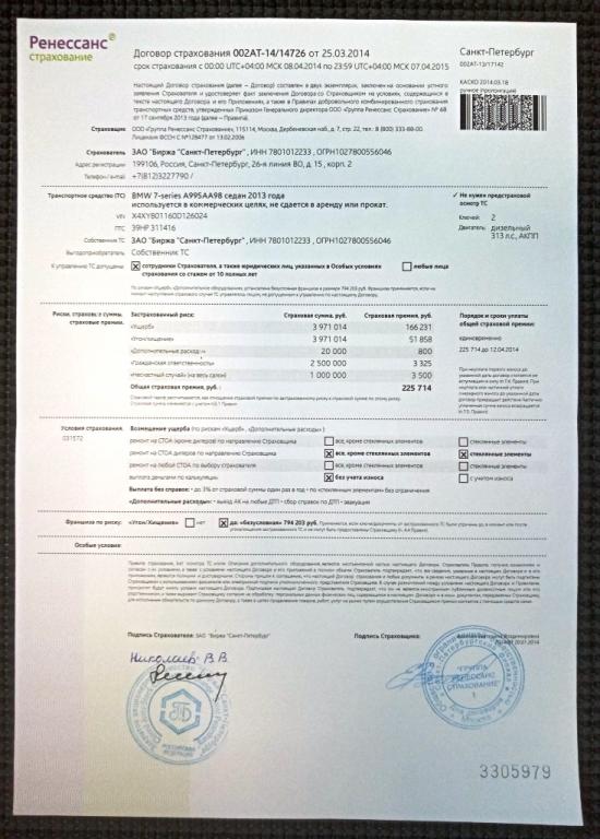 Страховой полис КАСКО Ренессанс 2014