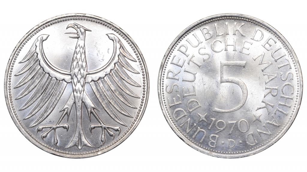 Германия. ФРГ. 5 марок 1970 г. D. (Р2001)