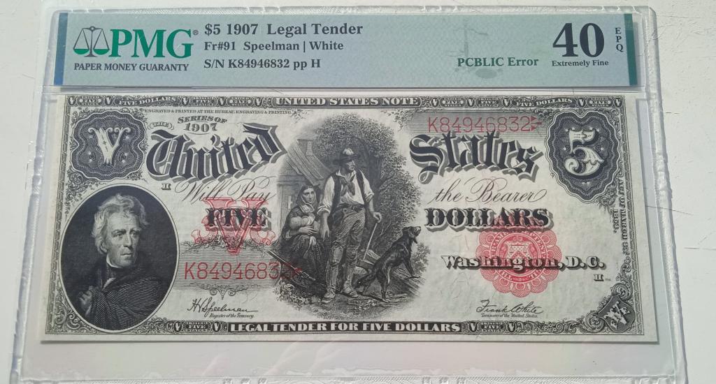 Банкнота 5 долларов США 1907 года Woodchopper PMG 40 EPQ