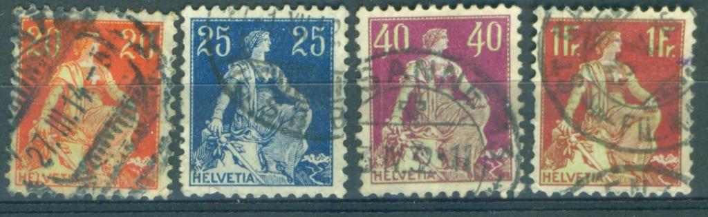 Швейцария 1908 г.  стандарт Гельвеция (сидящая) № 102, 103, 106, 108 гашеная
