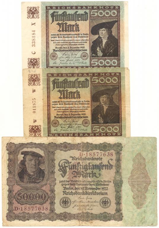 Групп. лот 5000 марок - 2 шт., 50000 марок 1922 Веймарская Республика Германии