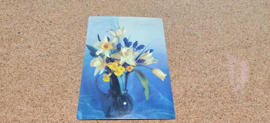 Открытка фото Агладзе С праздником! флора цветы нарциссы 1991 год, подписана