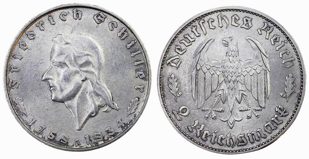 ГЕРМАНИЯ 2 марки 1934F Фридрих Шиллер. ННР MS62 (HF4750-0131)