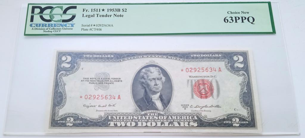 Банкнота 2 доллара США 1953 года серии В замещение PCGS 63 PPQ