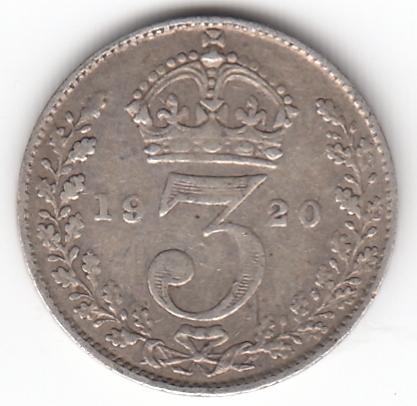 Великобритания 3 пенса 1920 - Георг V - нечастая, серебро, неплохой сохран
