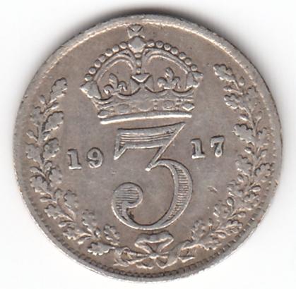 Великобритания 3 пенса 1917 - Георг V - нечастая, серебро, неплохой сохран