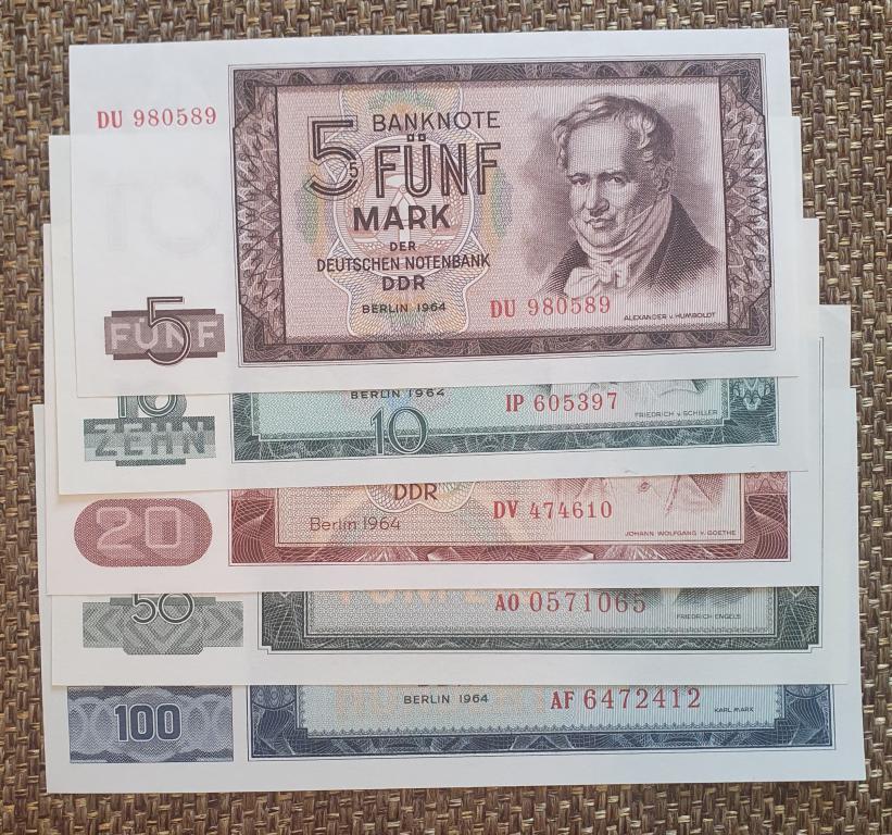 Германия.ГДР.5,10,20,50,100, марок 1964 (Полный комплект, UNC)