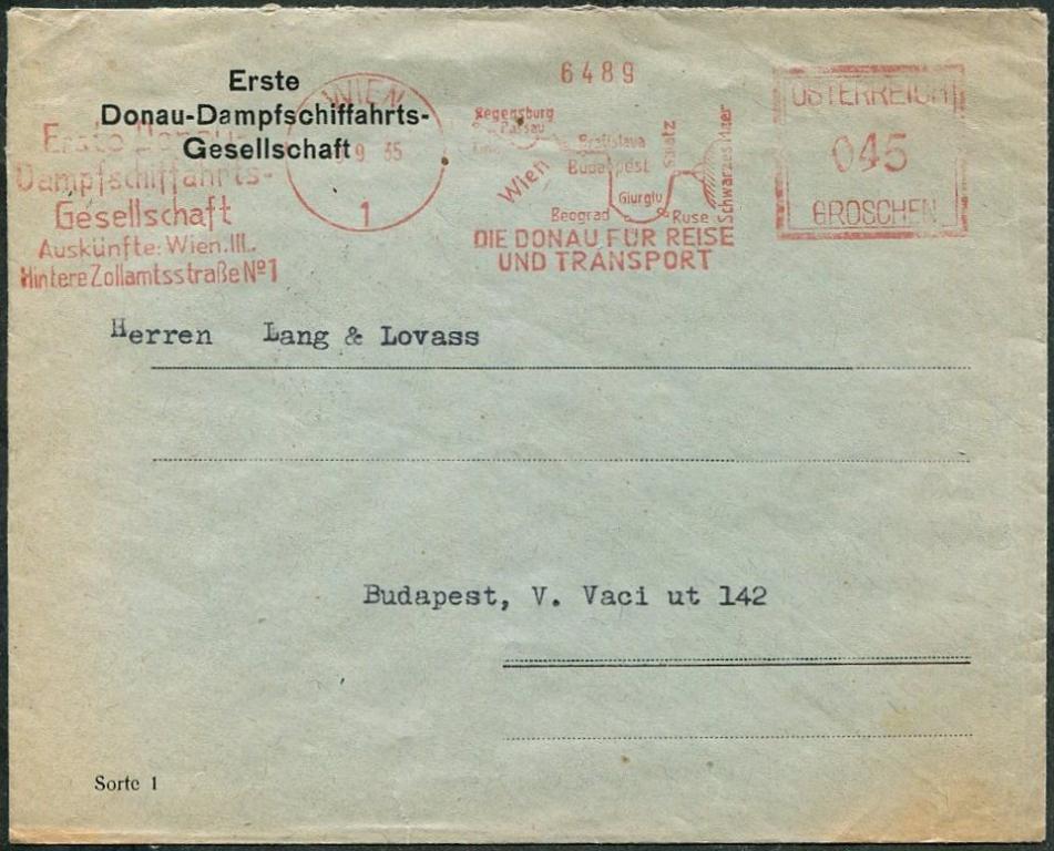 Австрия 1935 пароходная компания DDSG Дунайское пароходство рекламный шт. франкотип конверт ⇒Венгрия